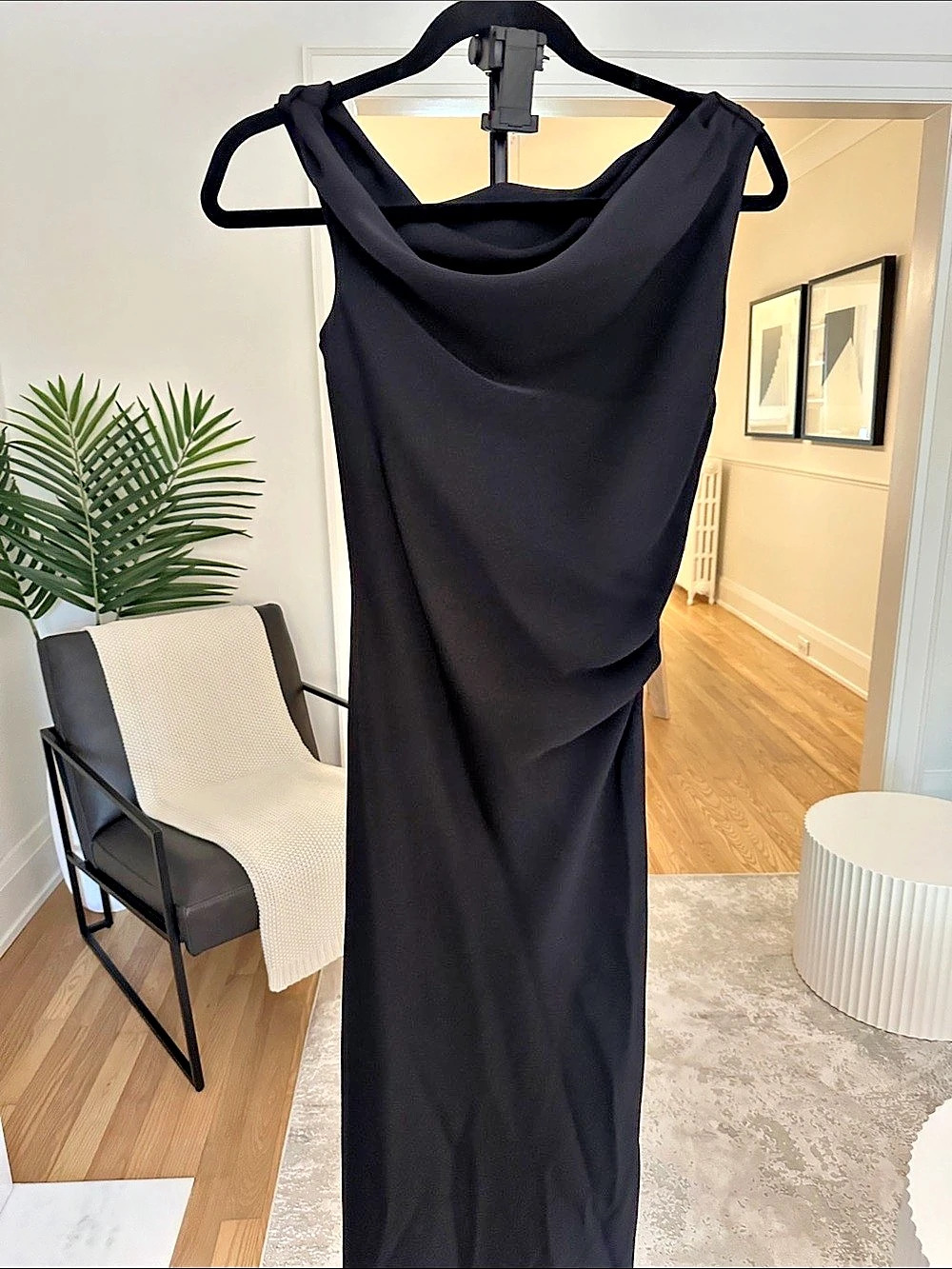 Aritzia Formal Matte Satin Black Ankle Length Dress Asymmetrical Shoulder and Ne - Picture 2 of 3